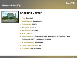20
Shopping Unimart
Tipo: Open Mall
Cidade/Estado: Campinas/SP
Participação: 100,0%
ABL Total: 10.233 m²
ABL Própria: 10.233 m²
No de Lojas: 91
Principais Lojas: Lojas Americanas, Meggashop, D. Paschoal, Caixa
Econômica, UNIFIT e Moviecom Cinemas
No Visitantes/ano: 6,5 milhões
Vagas Estacionamento: 800
Expansão: 8.000 m2 de ABL
Portfólio
 