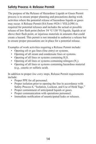 Safety Process 4: Release Permit
The purpose of the Release of Hazardous Liquids or Gases Permit
process is to ensure proper planning and precautions during work
activities where the potential release of hazardous liquids or gases
may occur. A Release Permit (SA Form #924-1 YELLOW) is
required for potential releases and includes the actual or possible
release of low ﬂash point (below 54 °C/130 °F) liquids, liquids at or
above their ﬂash point, or injurious materials in amounts that could
create a hazard. This permit is not intended to authorize a release but
to ensure proper precautions are in place for a potential release.
Examples of work activities requiring a Release Permit include:
• Opening oil or gas lines (line entry) or systems.
• Opening of all steam and condensate lines or systems.
• Opening of all lines or systems containing H2
S.
• Opening of all lines or systems containing nitrogen (N2
).
• Opening of all lines or systems containing hazardous material
(e.g., caustic or sulfuric acid).
In addition to proper line entry steps, Release Permit requirements
include:
• Proper PPE for all personnel.
• Proper isolation prior to opening the line in accordance with
Safety Process 6, “Isolation, Lockout, and Use of Hold Tags.”
• Proper containment of anticipated liquids or gases.
• Proper communication with operations personnel.
• Immediate notiﬁcation of unanticipated leaks or releases.
14
 