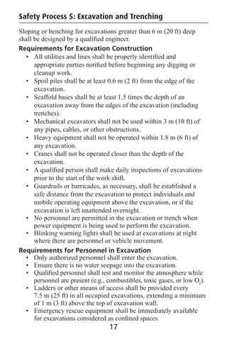Sloping or benching for excavations greater than 6 m (20 ft) deep
shall be designed by a qualiﬁed engineer.
Requirements for Excavation Construction
• All utilities and lines shall be properly identiﬁed and
appropriate parties notiﬁed before beginning any digging or
cleanup work.
• Spoil piles shall be at least 0.6 m (2 ft) from the edge of the
excavation.
• Scaffold bases shall be at least 1.5 times the depth of an
excavation away from the edges of the excavation (including
trenches).
• Mechanical excavators shall not be used within 3 m (10 ft) of
any pipes, cables, or other obstructions.
• Heavy equipment shall not be operated within 1.8 m (6 ft) of
any excavation.
• Cranes shall not be operated closer than the depth of the
excavation.
• A qualiﬁed person shall make daily inspections of excavations
prior to the start of the work shift.
• Guardrails or barricades, as necessary, shall be established a
safe distance from the excavation to protect individuals and
mobile operating equipment above the excavation, or if the
excavation is left unattended overnight.
• No personnel are permitted in the excavation or trench when
power equipment is being used to perform the excavation.
• Blinking warning lights shall be used at excavations at night
where there are personnel or vehicle movement.
Requirements for Personnel in Excavation
• Only authorized personnel shall enter the excavation.
• Ensure there is no water seepage into the excavation.
• Qualiﬁed personnel shall test and monitor the atmosphere while
personnel are present (e.g., combustibles, toxic gases, or low O2
).
• Ladders or other means of access shall be provided every
7.5 m (25 ft) in all occupied excavations, extending a minimum
of 1 m (3 ft) above the top of excavation wall.
• Emergency rescue equipment shall be immediately available
for excavations considered as conﬁned spaces.
Safety Process 5: Excavation and Trenching
17
 