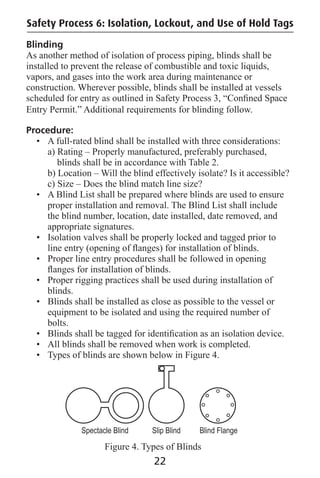 Safety Process 6: Isolation, Lockout, and Use of Hold Tags
Blinding
As another method of isolation of process piping, blinds shall be
installed to prevent the release of combustible and toxic liquids,
vapors, and gases into the work area during maintenance or
construction. Wherever possible, blinds shall be installed at vessels
scheduled for entry as outlined in Safety Process 3, “Conﬁned Space
Entry Permit.” Additional requirements for blinding follow.
Procedure:
• A full-rated blind shall be installed with three considerations:
a) Rating – Properly manufactured, preferably purchased,
blinds shall be in accordance with Table 2.
b) Location – Will the blind effectively isolate? Is it accessible?
c) Size – Does the blind match line size?
• A Blind List shall be prepared where blinds are used to ensure
proper installation and removal. The Blind List shall include
the blind number, location, date installed, date removed, and
appropriate signatures.
• Isolation valves shall be properly locked and tagged prior to
line entry (opening of ﬂanges) for installation of blinds.
• Proper line entry procedures shall be followed in opening
ﬂanges for installation of blinds.
• Proper rigging practices shall be used during installation of
blinds.
• Blinds shall be installed as close as possible to the vessel or
equipment to be isolated and using the required number of
bolts.
• Blinds shall be tagged for identiﬁcation as an isolation device.
• All blinds shall be removed when work is completed.
• Types of blinds are shown below in Figure 4.
22
Figure 4. Types of Blinds
Spectacle Blind Slip Blind Blind Flange
 