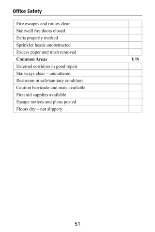 Fire escapes and routes clear
Stairwell ﬁre doors closed
Exits properly marked
Sprinkler heads unobstructed
Excess paper and trash removed
Common Areas
External corridors in good repair
Stairways clear – uncluttered
Restroom in safe/sanitary condition
Caution barricade and mats available
First aid supplies available
Escape notices and plans posted
Floors dry – not slippery
Ofﬁce Safety
51
Y/N
 