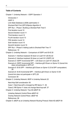 vi
Table of Contents
Chapter 1: Underlay Network – OSPF Operation 1
Introduction 1
OSPF 2
Link-State Database (LSDB) optimization 3
Shortest-Path First (SPF)/Dijkstra Algorithm 8
SPF Run – Phase I: Building a Shortest-Path Tree 9
First iteration round 10
Second iteration round 11
Third iteration round 12
Fourth iteration round 13
Fifth iteration round 14
Sixth iteration round 15
Seventh iteration round 16
SPF Run – Phase II: Adding Leafs to Shortest-Path Tree 17
References: 19
Chapter 2: Underlay Network – Comparison of OSPF and IS-IS 20
Scenario-1: Interface loopback 50 down on Leaf-101 (IS-IS) 22
Scenario-2: Interface loopback 50 down on Leaf-101 (OSPF) 24
Scenario-3: OSPF Incremental SPF – L55 Down on Leaf-101 (Stub) 26
Scenario-4: OSPF Incremental SPF – Interface g0/3 Down on Spine-12 (transit link
does not participate in SPT) 27
Scenario-5: IS-IS SPF – Interface g0/3 Down on Spine-12 (Full SPF computation)
28
Scenario-6: IS-IS Incremental SPF – Interface g0/3 Down on Spine-12 29
(transit link does not participate in SPT) 29
Conclusion 30
Chapter 3: Underlay Network: iBGP in Underlay Network 32
Next-Hop-Self consideration 36
Case-1: Next-hop-self is changed by RR Spine-11. 36
Case-2: RR Spine-11 does not change Next-hop-self. 37
Chapter 4: Underlay Network: Two-AS eBGP 42
Underlay Network Control Plane eBGP 42
Overlay Network Control Plane: eBGP 46
References: 58
Chapter 5: eBGP as an Underlay Network Routing Protocol: Multi-AS eBGP 59
 