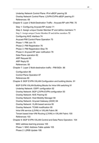 vii
Underlay Network Control Plane: IPv4 eBGP peering 59
Overlay Network Control Plane: L2VPN EVPN eBGP peering 61
References: 69
Chapter 6: Layer 2 Multi-Destination Traffic - Anycast-RP with PIM. 70
Step 1: Configuring Anycast-RP cluster 71
Step 2: Assign unique Cluster Member IP and define members 71
Step 3: Assign unique Cluster Member IP and define members 72
Configuring NVE interface 74
Anycast-PIM Control Plane Operation 75
Phase 1: PIM Join 75
Phase 2: PIM Registration 76
Phase 3: PIM Registration-Stop 78
Phase 4: Anycast-RP peer notification 78
Data Plane operation 82
ARP Request 82
ARP Reply 83
References: 85
Chapter 7: Layer 2 Multi-destination traffic - PIM BiDir. 86
Configuration 86
Control Plane Operation 87
References 90
Chapter 8: BGP EVPN VXLAN Configuration and building blocks. 91
BGP EVPN VXLAN Building Blocks for Intra-VNI switching 91
Underlay Network: OSPF configuration 92
Overlay Network: BGP L2VPN EVPN configuration 93
Overlay Network: NVE Peering 93
Overlay Network: Host Mobility Manager 94
Overlay Network: Anycast Gateway (AGW) 94
Overlay Network: VLAN based service 95
Overlay Network: TCAM modification 95
Intra-VNI service (L2VNI) in VXLAN Fabric 96
Tenant based Inter-VNI Routing (L3VNI) in VXLAN Fabric 100
References 103
Chapter 9: BGP EVPN VXLAN Control and Data Plane Operation. 104
MAC address learning process 105
Phase 1: MAC Address-Table update 105
Phase 2: L2RIB Update 106
 