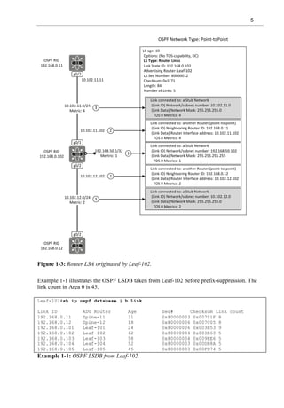 5
Figure 1-3: Router LSA originated by Leaf-102.
Example 1-1 illustrates the OSPF LSDB taken from Leaf-102 before prefix-suppression. The
link count in Area 0 is 45.
Leaf-102#sh ip ospf database | b Link
Link ID ADV Router Age Seq# Checksum Link count
192.168.0.11 Spine-11 31 0x80000003 0x00701F 8
192.168.0.12 Spine-12 18 0x80000006 0x007C05 8
192.168.0.101 Leaf-101 24 0x80000006 0x003B53 9
192.168.0.102 Leaf-102 62 0x80000004 0x003B63 5
192.168.0.103 Leaf-103 58 0x80000004 0x009EE6 5
192.168.0.104 Leaf-104 52 0x80000003 0x00DB8A 5
192.168.0.105 Leaf-105 45 0x80000003 0x00FD74 5
Example 1-1: OSPF LSDB from Leaf-102.
 