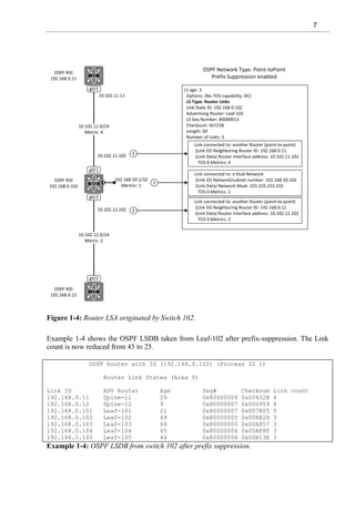 7
Figure 1-4: Router LSA originated by Switch 102.
Example 1-4 shows the OSPF LSDB taken from Leaf-102 after prefix-suppression. The Link
count is now reduced from 45 to 25.
OSPF Router with ID (192.168.0.102) (Process ID 1)
Router Link States (Area 0)
Link ID ADV Router Age Seq# Checksum Link count
192.168.0.11 Spine-11 29 0x80000004 0x00432B 4
192.168.0.12 Spine-12 9 0x80000007 0x000959 4
192.168.0.101 Leaf-101 21 0x80000007 0x007B05 5
192.168.0.102 Leaf-102 69 0x80000005 0x008E2D 3
192.168.0.103 Leaf-103 68 0x80000005 0x00A857 3
192.168.0.104 Leaf-104 65 0x80000004 0x00AF8F 3
192.168.0.105 Leaf-105 44 0x80000004 0x00B13E 3
Example 1-4: OSPF LSDB from switch 102 after prefix suppression.
 