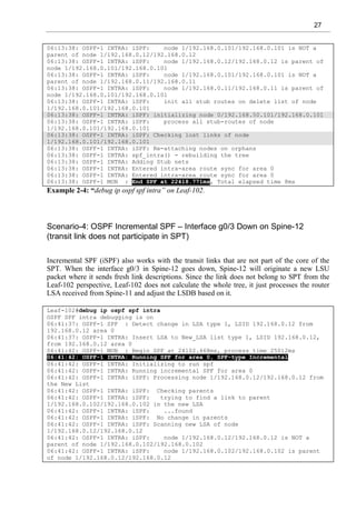 27
06:13:38: OSPF-1 INTRA: iSPF: node 1/192.168.0.101/192.168.0.101 is NOT a
parent of node 1/192.168.0.12/192.168.0.12
06:13:38: OSPF-1 INTRA: iSPF: node 1/192.168.0.12/192.168.0.12 is parent of
node 1/192.168.0.101/192.168.0.101
06:13:38: OSPF-1 INTRA: iSPF: node 1/192.168.0.101/192.168.0.101 is NOT a
parent of node 1/192.168.0.11/192.168.0.11
06:13:38: OSPF-1 INTRA: iSPF: node 1/192.168.0.11/192.168.0.11 is parent of
node 1/192.168.0.101/192.168.0.101
06:13:38: OSPF-1 INTRA: iSPF: init all stub routes on delete list of node
1/192.168.0.101/192.168.0.101
06:13:38: OSPF-1 INTRA: iSPF: initializing node 0/192.168.50.101/192.168.0.101
06:13:38: OSPF-1 INTRA: iSPF: process all stub-routes of node
1/192.168.0.101/192.168.0.101
06:13:38: OSPF-1 INTRA: iSPF: Checking lost links of node
1/192.168.0.101/192.168.0.101
06:13:38: OSPF-1 INTRA: iSPF: Re-attaching nodes on orphans
06:13:38: OSPF-1 INTRA: spf_intra() - rebuilding the tree
06:13:38: OSPF-1 INTRA: Adding Stub nets
06:13:38: OSPF-1 INTRA: Entered intra-area route sync for area 0
06:13:38: OSPF-1 INTRA: Entered intra-area route sync for area 0
06:13:38: OSPF-1 MON : End SPF at 22418.771ms, Total elapsed time 8ms
Example 2-4: “debug ip ospf spf intra” on Leaf-102.
Scenario-4: OSPF Incremental SPF – Interface g0/3 Down on Spine-12
(transit link does not participate in SPT)
Incremental SPF (iSPF) also works with the transit links that are not part of the core of the
SPT. When the interface g0/3 in Spine-12 goes down, Spine-12 will originate a new LSU
packet where it sends fresh link descriptions. Since the link does not belong to SPT from the
Leaf-102 perspective, Leaf-102 does not calculate the whole tree, it just processes the router
LSA received from Spine-11 and adjust the LSDB based on it.
Leaf-102#debug ip ospf spf intra
OSPF SPF intra debugging is on
06:41:37: OSPF-1 SPF : Detect change in LSA type 1, LSID 192.168.0.12 from
192.168.0.12 area 0
06:41:37: OSPF-1 INTRA: Insert LSA to New_LSA list type 1, LSID 192.168.0.12,
from 192.168.0.12 area 0
06:41:42: OSPF-1 MON : Begin SPF at 24102.468ms, process time 25012ms
06:41:42: OSPF-1 INTRA: Running SPF for area 0, SPF-type Incremental
06:41:42: OSPF-1 INTRA: Initializing to run spf
06:41:42: OSPF-1 INTRA: Running incremental SPF for area 0
06:41:42: OSPF-1 INTRA: iSPF: Processing node 1/192.168.0.12/192.168.0.12 from
the New List
06:41:42: OSPF-1 INTRA: iSPF: Checking parents
06:41:42: OSPF-1 INTRA: iSPF: trying to find a link to parent
1/192.168.0.102/192.168.0.102 in the new LSA
06:41:42: OSPF-1 INTRA: iSPF: ...found
06:41:42: OSPF-1 INTRA: iSPF: No change in parents
06:41:42: OSPF-1 INTRA: iSPF: Scanning new LSA of node
1/192.168.0.12/192.168.0.12
06:41:42: OSPF-1 INTRA: iSPF: node 1/192.168.0.12/192.168.0.12 is NOT a
parent of node 1/192.168.0.102/192.168.0.102
06:41:42: OSPF-1 INTRA: iSPF: node 1/192.168.0.102/192.168.0.102 is parent
of node 1/192.168.0.12/192.168.0.12
 