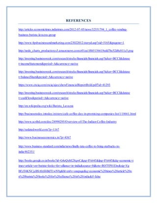 REFERENCES
http://articles.economictimes.indiatimes.com/2012-07-05/news/32551794_1_coffee-vending-
business-barista-lavazza-group
http://www.4psbusinessandmarketing.com/23022012/storyd.asp?sid=5165&pageno=1
http://node_charts_production.s3.amazonaws.com/e01ea1f6b5156619edd7bc52d0c811c5.png
http://investing.businessweek.com/research/stocks/financials/financials.asp?ticker=BCCI&datase
t=incomeStatement&period=A&currency=native
http://investing.businessweek.com/research/stocks/financials/financials.asp?ticker=BCCI&datase
t=balanceSheet&period=A&currency=native
https://www.otciq.com/otciq/ajax/showFinancialReportById.pdf?id=41293
http://investing.businessweek.com/research/stocks/financials/financials.asp?ticker=BCCI&datase
t=cashFlow&period=A&currency=native
http://en.wikipedia.org/wiki/Barista_Lavazza
http://businesstoday.intoday.in/story/cafe-coffee-day-in-promising-companies-list/1/18661.html
http://www.scribd.com/doc/24990295/Overview-of-The-Indian-Coffee-Industry
http://sedatedworld.com/?p=1167
http://www.businesseconomics.in/?p=4367
http://www.business-standard.com/india/news/finally-tata-coffee-to-bring-starbucks-to-
india/462351/
http://books.google.co.in/books?id=G4eQybE28qwC&pg=PA445&lpg=PA445&dq=economic+t
imes+article+on+barista+looks+for+alliance+in+india&source=bl&ots=RO7FP01Eiw&sig=Vg
BFzT4KNCjcBSAIxS6BdT1wN9g&hl=en#v=onepage&q=economic%20times%20article%20o
n%20barista%20looks%20for%20alliance%20in%20india&f=false
 