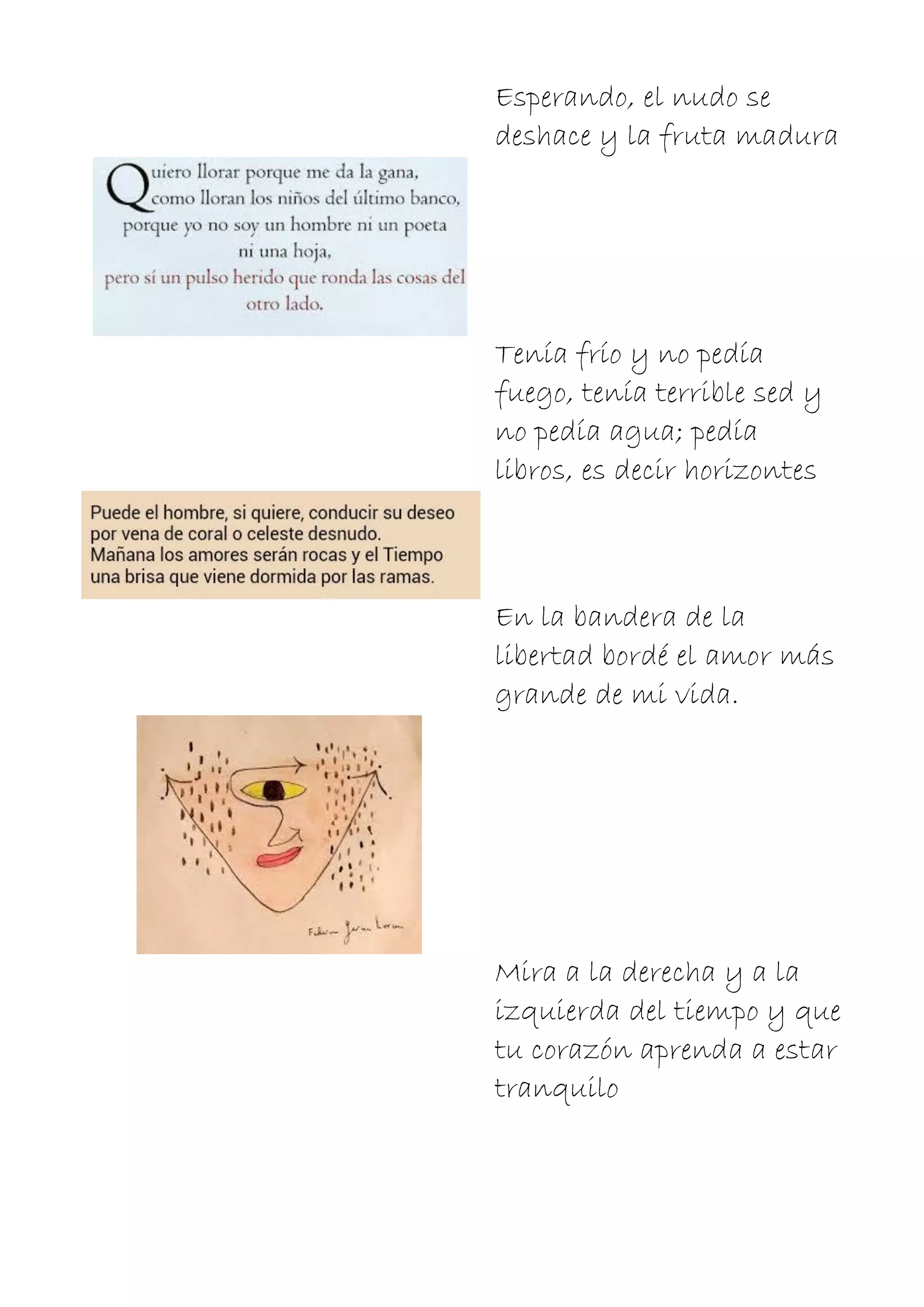 Esperando, el nudo se
deshace y la fruta madura
Tenía frío y no pedía
fuego, tenía terrible sed y
no pedía agua; pedía
libros, es decir horizontes
En la bandera de la
libertad bordé el amor más
grande de mi vida.
Mira a la derecha y a la
izquierda del tiempo y que
tu corazón aprenda a estar
tranquilo
