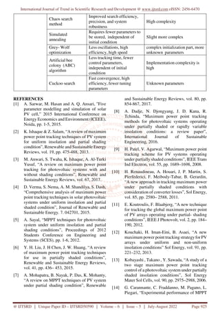 International Journal of Trend in Scientific Research and Development @ www.ijtsrd.com eISSN: 2456-6470
@ IJTSRD | Unique Paper ID – IJTSRD50590 | Volume – 6 | Issue – 5 | July-August 2022 Page 925
Chaos search
method
Improved search efficiency,
precision, and system
robustness
High complexity
Simulated
annealing
Requires fewer parameters to
be stored, independent of
initial condition
Slight more complex
Grey- Wolf
optimization
Less oscillations, high
efficiency, high speed
complex initialization part, more
unknown parameters
Artificial bee
colony (ABC)
algorithm
Less tracking time, fewer
control parameters,
independent of initial
condition
Implementation complexity is
high
Cuckoo search
Fast convergence, high
efficiency, fewer tuning
parameters
Unknown parameters
REFERENCES
[1] A. Sarwar, M. Hasan and A. Q. Ansari, "Five
parameter modelling and simulation of solar
PV cell,” 2015 International Conference on
Energy Economics and Environment (ICEEE),
Noida, pp. 1-5, 2015.
[2] K. Ishaque & Z. Salam, “A review of maximum
power point tracking techniques of PV system
for uniform insolation and partial shading
condition”, Renewable and Sustainable Energy
Reviews, vol. 19, pp. 475-488, 2013.
[3] M. Anwari, S. Twaha, K. Ishaque, A. Al-Turki
Yusuf, “A review on maximum power point
tracking for photovoltaic systems with and
without shading conditions”, Renewable and
Sustainable Energy Reviews, vol. 67, 2017.
[4] D. Verma, S. Nema, A. M. Shandilya, S. Dash,
“Comprehensive analysis of maximum power
point tracking techniques in solar photovoltaic
systems under uniform insolation and partial
shaded condition”, Journal of Renewable and
Sustainable Energy. 7. 042701, 2015.
[5] A. Sayal, “MPPT techniques for photovoltaic
system under uniform insolation and partial
shading conditions”, Proceedings of 2012
Students Conference on Engineering and
Systems (SCES), pp. 1-6, 2012.
[6] Y. H. Liu, J. H Chen, J. W. Huang, “A review
of maximum power point tracking techniques
for use in partially shaded conditions”,
Renewable and Sustainable Energy Reviews,
vol. 41, pp. 436– 453, 2015.
[7] A. Mohapatra, B. Nayak, P. Das, K. Mohanty,
“A review on MPPT techniques of PV system
under partial shading condition”, Renewable
and Sustainable Energy Reviews, vol. 80, pp.
854-867, 2017.
[8] A. Dadje, N. Djongyang, J. D. Kana, R.
Tchinda, “Maximum power point tracking
methods for photovoltaic systems operating
under partially shaded or rapidly variable
insolation conditions: a review paper”,
International Journal of Sustainable
Engineering, 2016.
[9] H. Patel, V. Agarwal, “Maximum power point
tracking scheme for PV systems operating
under partially shaded conditions”, IEEE Trans
Ind Electron, vol. 55, pp. 1689–1698, 2008.
[10] H. Renaudineau, A. Houari, J. P. Martin, S.
Pierfederici, F. Meibody-Tabar, B. Gerardin,
“A new approach in tracking maximum power
under partially shaded conditions with
consideration of converter losses”, Sol Energy,
vol. 85, pp. 2580– 2588, 2011.
[11] E. Koutroulis, F. Blaabjerg, “A new technique
for tracking the global maximum power point
of PV arrays operating under partial- shading
conditions”, IEEE J Photovolt, vol. 2, pp. 184–
190, 2012.
[12] Kouchaki, H. Iman-Eini, B. Asaei, “A new
maximum power point tracking strategy for PV
arrays under uniform and non-uniform
insolation conditions” Sol Energy, vol. 91, pp.
221–232, 2013.
[13] Kobayashi , Takano , Y. Sawada, “A study of a
two stage maximum power point tracking
control of a photovoltaic system under partially
shaded insolation conditions”, Sol Energy
Mater Sol Cells, vol. 90, pp. 2975–2988, 2006.
[14] G. Carannante, C. Fraddanno, M. Pagano, L.
Piegari, “Experimental performance of MPPT
 