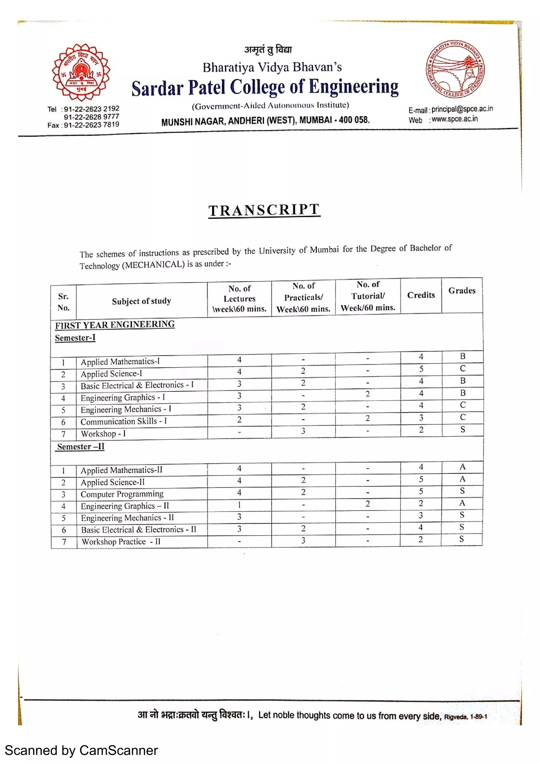 Scanned by CamScanner
sa r da r p H. E%. æ r in g
Te l : 9 1 2 2 2 6 2 3 2 19 2 (GOVCmmc n t A ide d A u t o n o m o u s 1n s t i t u t e )
E m a il : pDn c ipa l@s pee Ac In
9 1 2 2 2 6 2 8 9 777
Fa x : 9 1 22 2 6 2 3 7 8 19 mu n s h i n a g a r ,
a n d h er l (We s t ),
mu mb a 1 400 058 w e b : w w w s pe e a c in
T R A N S C R I P T
T he s c he m e s o f in s t r u c t io n s a s pr e s c r ibe d by t he U n iv e r s it y o F M u m ba i fo r t he D e g r e e o f B a c he lo r o f
T e c hn o lo gy (M EC H A N ICA L ) is a s u n e r :
a 1 Su Aj' " f s t " b
I ¡ a s ic E le c t r ic a l & E le c t r o n ic s I 3 2 1 1 B
TTTEE n e e r in g G r a phic s 1 j 2 4 1 B
5 M e c ha n ic s [ 1 3 2 [ 4 C
6 1c o m m u n ic a t io n s k iæ 1 1 2 2 1 3
7 I W o r k s ho p I I · 1 2 S
I
C
1A pplie d M a t he m a t ic s II 4 1 1
2 A ppl ie d Sc ie n c e I t 1 4 1 2
3 1c o m p u t e r p r o gr a m m in g 1 4 1 2
4 En gin e e r in g G r a ph ic s I I 1 1 1 2
5 E n gin e e r in g M e c ha n ic s I I 3
6 B a s ic Ele c t r ic a l & & c t r o n ic s 3 1 2
7 W o r k s ho p Pr a c t ic e 1l 1 1 3
A
5 S
2 A
1 3 s
l 4 1
1 2 1
3 n #RT:i M z ï. Gm 1,
Le t n o ble tho u ghts c o m e to u s * o m e v e ry s ide Rlw e da 1 1
 
