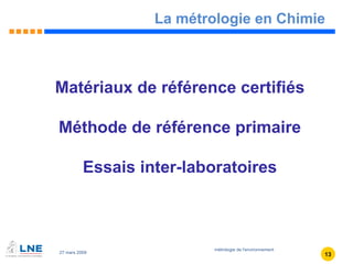 Matériaux de référence certifiés Méthode de référence primaire Essais inter-laboratoires La métrologie en Chimie 