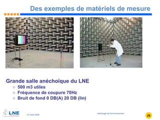 Des exemples de matériels de mesure Grande salle anéchoïque du LNE 500 m3 utiles Fréquence de coupure 70Hz Bruit de fond 0 DB(A) 20 DB (lin) 