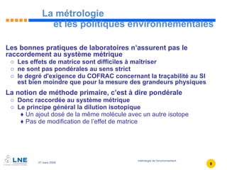 La métrologie  et les politiques environnementales Les bonnes pratiques de laboratoires n’assurent pas le raccordement au système métrique Les effets de matrice sont difficiles à maîtriser ne sont pas pondérales au sens strict le degré d'exigence du COFRAC concernant la traçabilité au SI  est bien moindre que pour la mesure des grandeurs physiques   La notion de méthode primaire, c’est à dire pondérale Donc raccordée au système métrique Le principe général la dilution isotopique Un ajout dosé de la même molécule avec un autre isotope Pas de modification de l’effet de matrice 