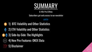 SUMMARY
G-VOL Pro $79mo
Subscribers get early access to our newsletter
gvol.io
1) BTC Volatility and Other Statistics
2) ETH Volatility and Other Statistics
3) Side-by-Side: The Highlights
4) New Pro-Features: OKEX Data
5) Disclaimer
 