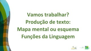 Vamos trabalhar?
Produção de texto:
Mapa mental ou esquema
Funções da Linguagem
 