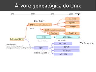 Árvore genealógica do Unix
       1970                               1980                               1990                      2000    Tempo


                                                                                                         FreeBSD
                                             BSD family
                                                                                                       OpenBSD
                                      BSD (Berkeley Software Distribution)
                                                                                                         NetBSD
                                      Bill Joy
                                                                SunOS (Stanford University Network)
                                                                             NextStep                  MacOS X

                                                           GNU                                  GNU / Linux
      Bell Labs (AT&T)
                                                    Richard Stallman                Linus Torvalds

Ken Thompson
                                                                                         IRIX (SGI)                    Você está aqui
Dennis Ritchie (linguagem C 
criada para implementar um SO portável)                                                          HP­UX
                                                      SRV5
                                                                                               Sun Solaris
                                            Família System V
                                                                                          AIX (IBM)
 