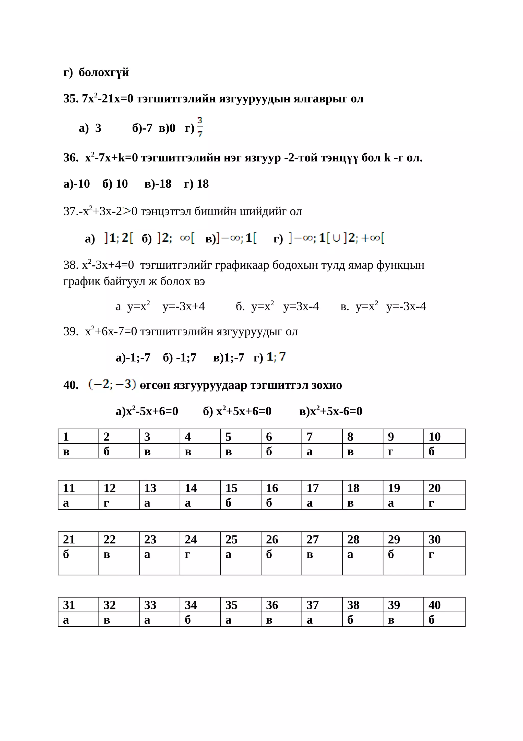 г) болохгүй

35. 7x2-21x=0 тэгшитгэлийн язгууруудын ялгаврыг ол

     a) 3           б)-7 в)0 г)

36. x2-7x+k=0 тэгшитгэлийн нэг язгуур -2-той тэнцүү бол k -г ол.

a)-10       б) 10     в)-18    г) 18

37.-x2+3x-2 0 тэнцэтгэл бишийн шийдийг ол

      a)             б)              в)                г)

38. x2-3x+4=0 тэгшитгэлийг графикаар бодохын тулд ямар функцын
график байгуул ж болох вэ

                а y=x2     y=-3x+4            б. y=x2 y=3x-4       в. y=x2 y=-3x-4

39. x2+6x-7=0 тэгшитгэлийн язгууруудыг ол

                a)-1;-7    б) -1;7     в)1;-7 г)

40.                  өгсөн язгууруудаар тэгшитгэл зохио

                a)x2-5x+6=0          б) x2+5x+6=0           в)x2+5x-6=0

1           2         3        4          5        6         7      8      9         10
в           б         в        в          в        б         а      в      г         б

11          12        13       14         15       16        17     18     19        20
а           г         а        а          б        б         а      в      а         г

21          22        23       24         25       26        27     28     29        30
б           в         а        г          а        б         в      а      б         г



31          32        33       34         35       36        37     38     39        40
а           в         а        б          а        в         а      б      в         б
 