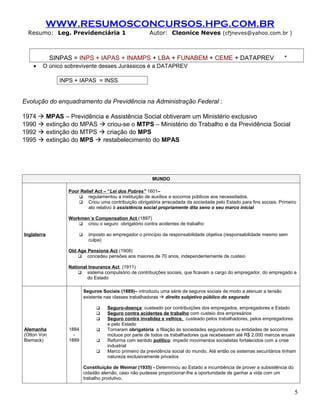 WWW.RESUMOSCONCURSOS.HPG.COM.BR
 Resumo: Leg. Previdenciária 1                          Autor: Cleonice Neves (cfjneves@yahoo.com.br )



             SINPAS = INPS + IAPAS + INAMPS + LBA + FUNABEM + CEME + DATAPREV                                          *
    •   O único sobrevivente desses Jurássicos é a DATAPREV

               INPS + IAPAS = INSS


Evolução do enquadramento da Previdência na Administração Federal :

1974  MPAS – Previdência e Assistência Social obtiveram um Ministério exclusivo
1990  extinção do MPAS  criou-se o MTPS – Ministério do Trabalho e da Previdência Social
1992  extinção do MTPS  criação do MPS
1995  extinção do MPS  restabelecimento do MPAS




                                                         MUNDO

                  Poor Relief Act – “Lei dos Pobres” 1601–
                       regulamentou a instituição de auxílios e socorros públicos aos necessitados.
                       Criou uma contribuição obrigatória arrecadada da sociedade pelo Estado para fins sociais. Primeiro
                          ato relativo à assistência social propriamente dita seno o seu marco inicial

                  Workmen´s Compensation Act (1897)
                       criou o seguro obrigatório contra acidentes de trabalho

Inglaterra                 imposto ao empregador o princípio da responsabilidade objetiva (responsabilidade mesmo sem
                            culpa)

                  Old Age Pensions Act (1908)
                       concedeu pensões aos maiores de 70 anos, independentemente de custeio

                  National Insurance Act (1911)
                       sistema compulsório de contribuições sociais, que ficavam a cargo do empregador, do empregado e
                          do Estado

                          Seguros Sociais (1889)– introduziu uma série de seguros sociais de modo a atenuar a tensão
                          existente nas classes trabalhadoras  direito subjetivo público do segurado

                                   Seguro-doença: custeado por contribuições dos empregados, empregadores e Estado
                                   Seguro contra acidentes de trabalho com custeio dos empresários
                                   Seguro contra invalidez e velhice, custeado pelos trabalhadores, pelos empregadores
                                    e pelo Estado
Alemanha          1884             Tornaram obrigatória a filiação às sociedades seguradoras ou entidades de socorros
(Otton Von          -               mútuos por parte de todos os trabalhadores que recebessem até R$ 2.000 marcos anuais
Bismack)          1889             Reforma com sentido político: impedir movimentos socialistas fortalecidos com a crise
                                    industrial
                                   Marco primeiro da previdência social do mundo. Até então os sistemas securitários tinham
                                    natureza exclusivamente privados

                          Constituição de Weimar (1935) - Determinou ao Estado a incumbência de prover a subsistência do
                          cidadão alemão, caso não pudesse proporcionar-lhe a oportunidade de ganhar a vida com um
                          trabalho produtivo.


                                                                                                                           5
 