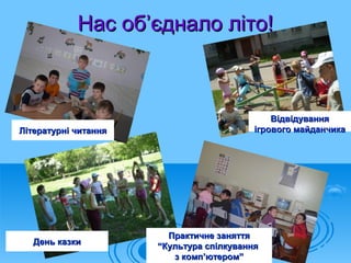 Нас об’єднало літо!



                                              Відвідування
Літературні читання                       ігрового майданчика




                        Практичне заняття
   День казки
                      “Культура спілкування
                         з комп’ютером”
 