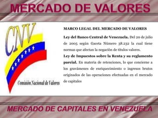 MARCO LEGAL DEL MERCADO DE VALORES
Ley del Banco Central de Venezuela. Del 20 de julio
de 2005 según Gaceta Número 38.232 la cual tiene
normas que afectan la negación de títulos valores.
Ley de Impuestos sobre la Renta y su reglamento
parcial. En materia de retenciones, lo que concierne a
los gravámenes de enriquecimiento o ingresos brutos
originados de las operaciones efectuadas en el mercado
de capitales
 