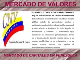MARCO LEGAL DEL MERCADO DE VALORES
Ley de Bolsa Publica de Valores Bicentenaria
Esta institución es definida como un ente de derecho
público dotado de personalidad jurídica y
patrimonio propio e independiente del fisco nacional
y estará adscrita al Ministerio del Poder Popular de
Planificación y Finanzas. El instrumento legal
ratifica que las operaciones perfeccionadas a través
de la intermediación bursátil estarán sujetas a las
normas establecidas en los reglamentos y en las
demás normas internas que regulan el
funcionamiento de la Bolsa Pública.
 