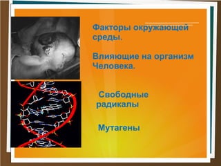 Факторы окружающей
среды.
Влияющие на организм
Человека.
Свободные
радикалы
Мутагены
 