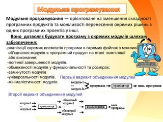 Модульне програмування — орієнтоване на зменшення складності
програмних продуктів та можливості перенесення окремих рішень з
одних програмних проектів у інші.
Воно дозволяє будувати програму з окремих модулів шляхом
забезпечення:
-реалізації окремих елементів програми в окремих файлах з можливістю
об'єднання модулів в програмний продукт на етапі компіляції
або виконання;
-логічної завершеності модулів.
-обмеженості модулів у функціональності та розмірах;
-замкнутості модулів
-універсальності модулів.
-мінімалістичності модулів.
 