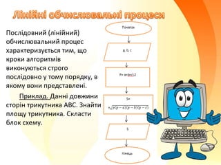 Послідовний (лінійний)
обчислювальний процес
характеризується тим, що
кроки алгоритмів
виконуються строго
послідовно у тому порядку, в
якому вони представлені.
Приклад. Данні довжини
сторін трикутника АВС. Знайти
площу трикутника. Скласти
блок схему.
 