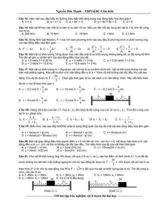 Nguy n c M nh – THPT&BC C m Khê
--------------------------118 bài t p tr c nghi m v t lí luyên thi i h c-------------------------
Câu 13: Hàm nào sau ây bi u th ng bi u di n th n ng trong dao ng u hòa n gi n?
A. U = C B. U = x + C C. U = Ax2
+ C D. U = Ax2
+ Bx + C E. U = 0
Câu 14: t v t M treo vào m t lò xo làm lò xo dãn 10 cm. N u l c àn h i tác d ng lên v t là 1 N, tính c ng
a lò xo.
A. 200 N/m B. 10 N/m C. -10 N/m D. 1 N/m E. 0,1 N/m
Câu 15: Dùng nh lu t Newton, F = ma, tìm xem ph ng trình nào sau ây là ph ng trình vi phân t ng ng
i dao ng u hòa n gi n:
A. kxF −= B.
2
2
1
kxU = C. kx
dt
dx
−= D. 02
2
=− x
m
k
dt
xd
E. 02
2
=+ x
m
k
dt
xd
Câu 16: t v t có kh i l ng 10 kg c treo vào u m t lò xo kh i l ng không áng k , có c ng 40 N/m.
Tìm t n s góc và t n s f c a dao ng u hòa c a v t.
A. = 2 rad/s; f = 0,32 Hz B. = 2 rad/s; f = 2 Hz. C. = 0,32 rad/s; f = 2 Hz.
D. = 2 rad/s; f = 12,6 Hz. E. = 12,6 rad/s; f = 2 Hz.
Câu 17: t v t có kh i l ng m = 2kg c n i v i hai lò xo c nh (hình v ). V t có th tr t không ma sát
trên m t ph ng ngang. Kéo v t ra kh i v trí cân b ng n v trí x = 10cm r i th không v n t c u cho v t dao
ng. Chu k o c là sT
3
2π
= . Ch n g c th i gian là lúc v t cách v trí cân b ng 10cm. Hãy vi t bi u th c
r i x c a M theo th i gian t.
A. mtx )
2
3sin(2,0
π
+= B. mtx )
2
3sin(1,0
π
+= C. mtx )
3
3sin(2,0
π
+=
D. mtx )
3
3sin(1,0
π
+= E. mtx )
4
3sin(1,0
π
+=
Câu 18: Dùng d ki n c a bài 17. G i k1, k2 l n l t là c ng c a các lò xo L1, L2. Tìm i c ng c a
lò xo ghép trên.
A.
21
21.
kk
kk
k
+
= B.
21
21
.kk
kk
k
+
= C. k = k1 – k2 D. k = k1 + k2 E.
21
1
kk
k
+
=
Câu 19: Bi u th c nào sau ây KHÔNG ph i là d ng t ng quát c a t a m t v t dao ng u hòa n gi n
?
A. x = Acos( t + ) (m) B. x = Asin( t + ) (m) C. x = Acos( t) (m)
D. x = Acos( t) + Bcos( ) (m) E. x = Asin( t - ) (m)
Câu 20: t v t giao ng u hòa quanh m y = 0 v i t n s 1Hz. vào lúc t = 0, v t c kéo kh i v trí cân
ng n v trí y = -2m, và th ra không v n t c ban u. Tìm bi u th c to c a v t theo th i gian.
A. y = 2cos(t + ) (m) B. y = 2cos (2 t) (m) C. y = 1/2cos(2 t + ) (m)
D. y = 2sin(t - /2) (m) E. y = 2sin(2 t - /2) (m)
Câu 21: Cho v t M kh i l ng 2kg. Khi c n i qua 2 lò xo L1 và L2 vào hai m c nh (hình 21.1) và v t
tr c không ma sát trên m t ph ng ngang thì chu k dao ng o c là sT
3
2π
= ; Khi c n i v i hai lò xo
theo hình 21.2 thì chu k dao ng c a M la π2=T s. B qua ma sát và kh i l ng các lò xo. Tìm c ng k1
và k2 c a các lò xo.
A. k1 = 4N/m; k2 = 3N/m B. k1 = 3N/m; k2 = 4N/m C. k1 = 12N/m; k2 = 6N/m
D. k1 = 6N/m; k2 = 12N/m E. C C và D u úng
L2L1
M
L2L1
M
Hình 21.2
L2L1
M
Hình 21.1
 