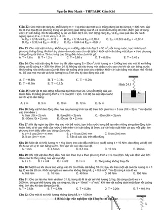 Nguy n c M nh – THPT&BC C m Khê
--------------------------118 bài t p tr c nghi m v t lí luyên thi i h c-------------------------
Câu 22: Cho m t v t n ng M, kh i l ng m = 1 kg treo vào m t lò xo th ng ng có c ng k = 400 N/m. G i
Ox là tr c t a có ph ng trùng v i ph ng giao ng c a M, và có chi u h ng lên trên, m g c O trùng
i v trí cân b ng. Khi M dao ng t do v i biên 5 cm, tính ng n ng Ed1 và Ed2 c a qu c u khi nó i
ngang qua v trí x1 = 3 cm và x2 = -3 cm.
A. Ed1 = 0,18J và Ed2 = - 0,18 J. B. Ed1 = 0,18J và Ed2 = 0,18 J. C. Ed1 = 0,32J và Ed2 = - 0,32 J.
D. Ed1 = 0,32J và Ed2 = - 0,32 J. E. Ed1 = 0,64J và Ed2 = - 0,64 J.
Câu 23: Cho m t v t hình tr , kh i l ng m = 400g, di n tích áy S = 50 m2
, n i trong n c, tr c hình tr có
ph ng th ng ng. n hình tr chìm vào n c sao cho v t b l ch kh i v trí cân b ng m t n x theo ph ng
th ng ng r i th ra. Tính chu k dao ng u hòa c a kh i g .
A. T = 1,6 s B. T = 1,2 s C. T = 0,80 s D. T = 0,56 s E. T = 0,40 s
Câu 24: Cho m t v t n ng M hình tr ti t di n ngang S = 50cm2
, kh i l ng m = 0,40kg treo vào m t lò xo th ng
ng có c ng k = 350 N/m (hình 24.1). Nhúng v t vào trong m t ch u n c sao cho khi v t cân b ng, n c
lên kho ng n a chi u cao c a v t. Kéo v t xu ng phía d i cho v t l ch kh i v trí cân b ng m t n nh r i th
ra. B qua m i ma sát và kh i l ng lò xo.Tính chu k dao ng c a v t.
A. T = 0.40s B. T = 0.31s C. T = 0.20s
D. T = 0.16s E. T = 0.12s
Câu 25: t v t M dao ng u hòa d c theo tr c Ox. Chuy n ng c a v t
c bi u th b ng ph ng trình x = 5 cos(2 t + 2)m. Tìm dài c c i c a M
so v i v trí cân b ng.
A. 2 m B. 5 m C. 10 m D. 12 m E. 5 m
Câu 26: y v t M dao ng u hòa có ph ng trình t a theo th i gian là x = 5 cos (10t + 2) m. Tìm v n t c
vào th i m t.
A. 5sin (10t + 2) m/s B. 5cos(10t + 2) m/s C. -10sin(10t + 2) m/s
D. -50sin(10t + 2) m/s E. 50cos(10t + 2) m/s
Câu 27: Khi l y ngón tay âm nh vào m t b n c, b n th y n c trong b t o nên nh ng sóng dao ng tu n
hoàn. N u v trí cao nh t c a n c bên trên v trí cân b ng là 5mm, và v trí này xu t hi n c sau m i giây, tìm
ph ng trình bi u di n dao ng c a n c:
A. y = 5 cos (2 t + ) mm B. y = 5 cos (2 t) mm C. 5 sin (2 t) mm
D. 5 sin (2 t + ) m E. T t c các câu trên u úng
Câu 28: t v t có kh i l ng m = 1kg c treo vào u m t lò xo có c ng k = 10 N/m, dao ng v i d i
i a so v i v trí cân b ng là 2m. Tìm v n t c c c i c a v t.
A. 1 m/s B. 4,5 m/s C. 6,3 m/s D. 10 m/s E. 20 m/s
Câu 29: Khi m t v t dao ng u hòa doc theo tr c x theo ph ng trình x = 5 cos (2t)m, hãy xác nh vào th i
m nào thì t ng n ng c a v t c c i.
A. t = 0 B. t = /4 C. t = /2 D. t = E. T ng n ng không thay i
Câu 30: t lò xo khi ch a treo v t gì vào thì có chhi u dài b ng 10 cm; Sau khi treo m t v t có kh i l ng m = 1
kg, lò xo dài 20 cm. Kh i l ng lò xo xem nh không áng k , g = 9,8 m/s
2
. Tìm c ng k c a lò xo.
A. 9,8 N/m B. 10 N/m C. 49 N/m D. 98 N/m E. 196 N/m
Câu 31: Cho c h nh hình v (hình 31.1), trong ó M là v t có kh i l ng 0,1kg, c ng c a lò xo k =
200N/m. b qua kh i l ng dây và ròng r c, l y g = 10m/s
2 2
m/s
2
. Khi kéo v t xu ng d i m t n r i buông
nh , tính chu k dao ng c a v t.
A. T = 0.63s B. T = 0.40s C. T = 0.28s D. T = 0.20s E. T = 0.0.14s
Câu 32: Cho m t lò xo kh i l ng không áng k , k = 100N/m
M
Hình 24.1
k
O
 