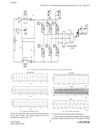 Full Paper
ACEEE Int. J. on Control System and Instrumentation, Vol. 4, No. 2, June 2013

Fig. 3 Three phase EZSI fed induction motor drive system without disturbance

Fig. 4 Pulses for Switches SA,SB,SC’

Fig. 5 Line Voltage waveforms

Fig. 10.The speed of the motor increases due to the step rise
in the input voltage. The output voltage and current
waveforms are shown in Fig. 11.

C .Closed loop model of three phase EZSI system:
Circuit model of closed loop controlled EZSI fed induction
motor drive system is shown in Fig. 12.The output AC voltage

© 2013 ACEEE
DOI: 01.IJCSI.4.2.1180

39

 