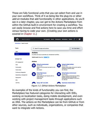 These are fully functional units that you can select from and use in
your own workflows. Think of it as being like the plug-ins or other
add-on modules that add functionality in other applications. As you’ll
see in a later chapter, you can get to the Actions Marketplace from
within the GitHub built-in environment for creating a workflow. You
can easily browse and find actions here to save you time and effort
versus having to code your own. (Creating your own actions is
covered in Chapter 11.)
Figure 1-2. GitHub Actions Marketplace
As examples of the kinds of functionality you can find, the
Marketplace has featured categories for interacting with IDEs,
working on localization tasks, doing mobile development, and even
working with project management tasks through applications such
as JIRA. The actions on the Marketplace can be from GitHub or from
other sources, such as individuals, organizations, or companies that
want to integrate with Actions.
 