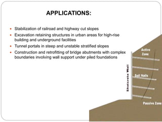 APPLICATIONS:
 Stabilization of railroad and highway cut slopes
 Excavation retaining structures in urban areas for high-rise
building and underground facilities
 Tunnel portals in steep and unstable stratified slopes
 Construction and retrofitting of bridge abutments with complex
boundaries involving wall support under piled foundations
 