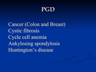 PGD Cancer (Colon and Breast) Cystic fibrosis Cycle cell anemia Ankylosing spondylosis Huntington’s disease 