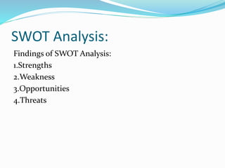 SWOT Analysis:
Findings of SWOT Analysis:
1.Strengths
2.Weakness
3.Opportunities
4.Threats
 