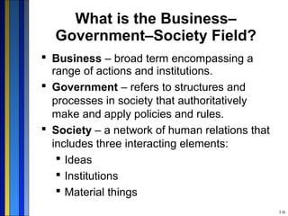 What is the Business–
Government–Society Field?
 Business – broad term encompassing a
range of actions and institutions.
 Government – refers to structures and
processes in society that authoritatively
make and apply policies and rules.
 Society – a network of human relations that
includes three interacting elements:
 Ideas
 Institutions
 Material things
1-6
 