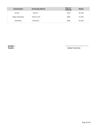 DATED: -
PLACE: - Saikat Samanta
Page 4 of 4
Examination University/Board
Year of
Passing
Marks
B.Tech W.B.U.T 2010 78.10%
Higher Secondary W.B.C.H.S.E 2006 73.33%
Secondary W.B.B.S.E 2004 75.25%
 