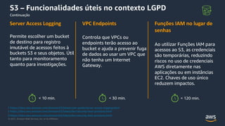 © 2021, Amazon Web Services, Inc. or its Affiliates.
S3 – Funcionalidades úteis no contexto LGPD
Server Access Logging
Permite escolher um bucket
de destino para registro
imutável de acessos feitos à
buckets S3 e seus objetos. Útil
tanto para monitoramento
quanto para investigações.
VPC Endpoints
Controla que VPCs ou
endpoints terão acesso ao
bucket e ajuda a prevenir fuga
de dados ao usar um VPC que
não tenha um Internet
Gateway.
Funções IAM no lugar de
senhas
Ao utilizar Funções IAM para
acessos ao S3, as credenciais
são temporárias, reduzindo
riscos no uso de credenciais
AWS diretamente nas
aplicações ou em instâncias
EC2. Chaves de uso único
reduzem impactos.
3 https://docs.aws.amazon.com/AmazonS3/latest/dev/security-best-practices.html
1 https://docs.aws.amazon.com/AmazonS3/latest/user-guide/server-access-logging.html
< 10 min. < 30 min. < 120 min.
2 https://docs.aws.amazon.com/AmazonS3/latest/dev/security-best-practices.html
Continuação
 