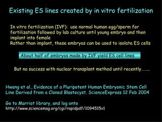 Existing ES lines created by in vitro fertilization In vitro fertilization (IVF):  use normal human egg/sperm for fertilization followed by lab culture until young embryo and then implant into female Rather than implant, these embryos can be used to isolate ES cells About half of embryos made by IVF yield ES cell lines But no success with nuclear transplant method until recently…….. Hwang et al., Evidence of a Pluripotent Human Embryonic Stem Cell Line Derived from a Cloned Blastocyst. ScienceExpress 12 Feb 2004 Go to Marriot library, and log onto   http://www.sciencemag.org/cgi/rapidpdf/1094515v1 