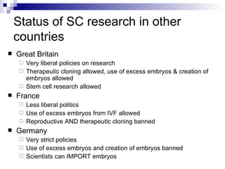 Status of SC research in other countries Great Britain Very liberal policies on research Therapeutic cloning allowed, use of excess embryos & creation of embryos allowed Stem cell research allowed France Less liberal politics Use of excess embryos from IVF allowed Reproductive AND therapeutic cloning banned Germany Very strict policies Use of excess embryos and creation of embryos banned Scientists can IMPORT embryos 