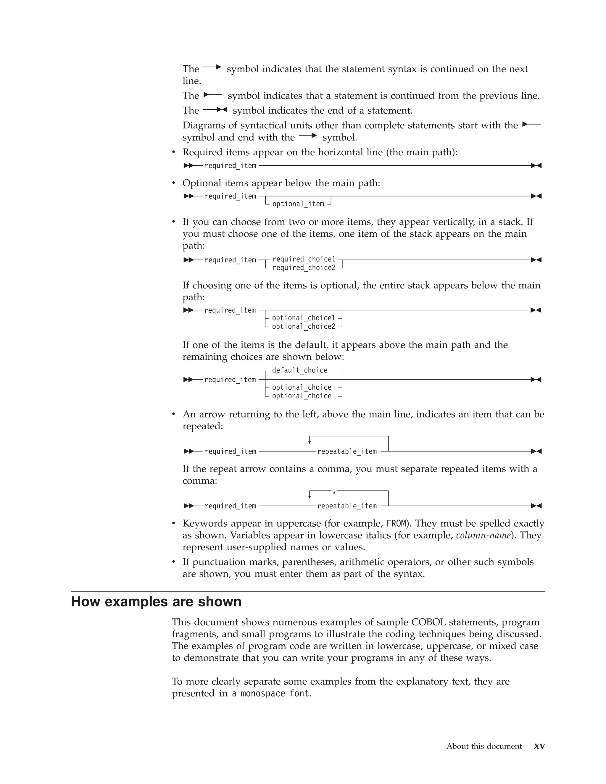 The symbol indicates that the statement syntax is continued on the next
line.
The symbol indicates that a statement is continued from the previous line.
The symbol indicates the end of a statement.
Diagrams of syntactical units other than complete statements start with the
symbol and end with the symbol.
v Required items appear on the horizontal line (the main path):
v Optional items appear below the main path:
v If you can choose from two or more items, they appear vertically, in a stack. If
you must choose one of the items, one item of the stack appears on the main
path:
If choosing one of the items is optional, the entire stack appears below the main
path:
If one of the items is the default, it appears above the main path and the
remaining choices are shown below:
v An arrow returning to the left, above the main line, indicates an item that can be
repeated:
If the repeat arrow contains a comma, you must separate repeated items with a
comma:
v Keywords appear in uppercase (for example, FROM). They must be spelled exactly
as shown. Variables appear in lowercase italics (for example, column-name). They
represent user-supplied names or values.
v If punctuation marks, parentheses, arithmetic operators, or other such symbols
are shown, you must enter them as part of the syntax.
How examples are shown
This document shows numerous examples of sample COBOL statements, program
fragments, and small programs to illustrate the coding techniques being discussed.
The examples of program code are written in lowercase, uppercase, or mixed case
to demonstrate that you can write your programs in any of these ways.
To more clearly separate some examples from the explanatory text, they are
presented in a monospace font.
About this document xv
 