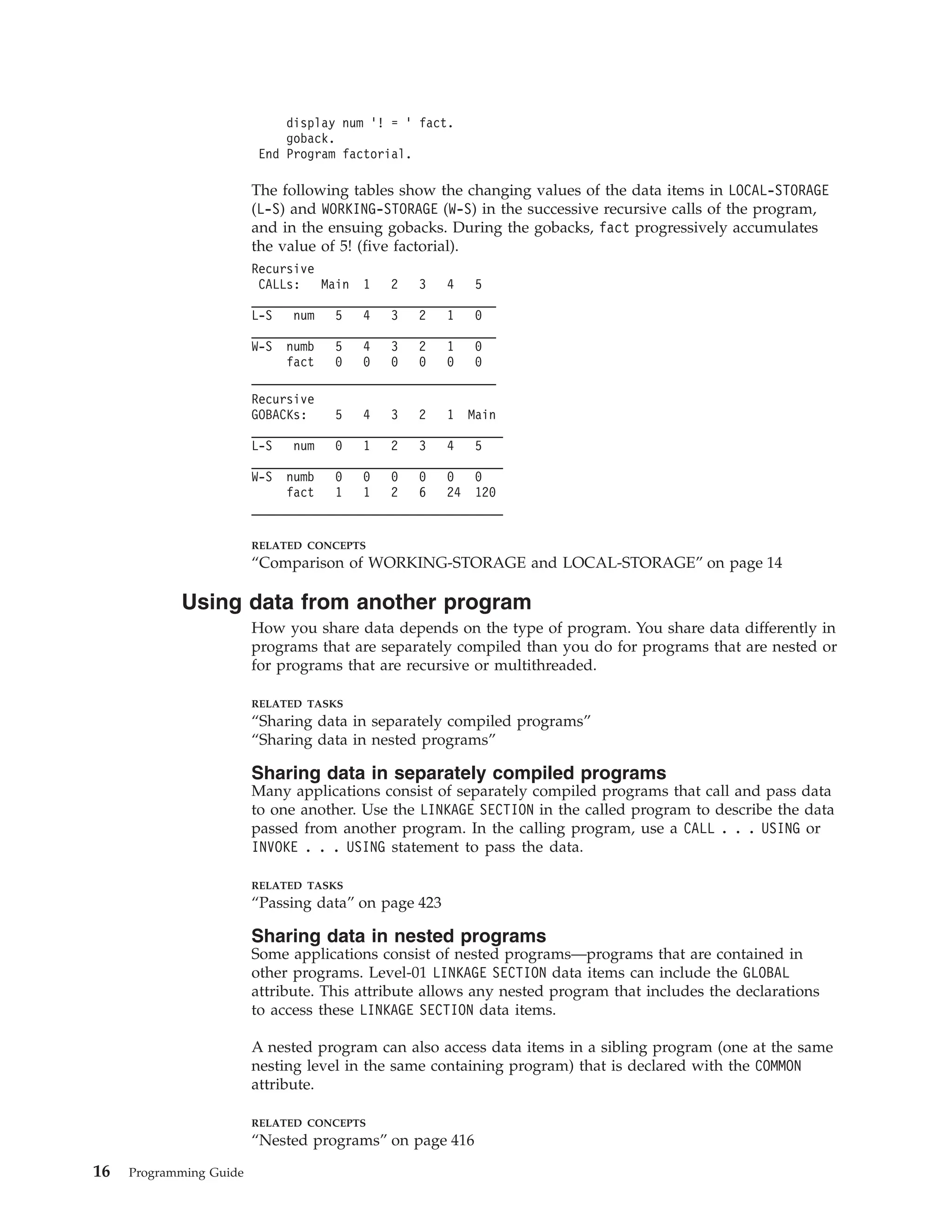 display num ’! = ’ fact.
goback.
End Program factorial.
The following tables show the changing values of the data items in LOCAL-STORAGE
(L-S) and WORKING-STORAGE (W-S) in the successive recursive calls of the program,
and in the ensuing gobacks. During the gobacks, fact progressively accumulates
the value of 5! (five factorial).
Recursive
CALLs: Main 1 2 3 4 5
___________________________________
L-S num 5 4 3 2 1 0
___________________________________
W-S numb 5 4 3 2 1 0
fact 0 0 0 0 0 0
___________________________________
Recursive
GOBACKs: 5 4 3 2 1 Main
____________________________________
L-S num 0 1 2 3 4 5
____________________________________
W-S numb 0 0 0 0 0 0
fact 1 1 2 6 24 120
____________________________________
RELATED CONCEPTS
“Comparison of WORKING-STORAGE and LOCAL-STORAGE” on page 14
Using data from another program
How you share data depends on the type of program. You share data differently in
programs that are separately compiled than you do for programs that are nested or
for programs that are recursive or multithreaded.
RELATED TASKS
“Sharing data in separately compiled programs”
“Sharing data in nested programs”
Sharing data in separately compiled programs
Many applications consist of separately compiled programs that call and pass data
to one another. Use the LINKAGE SECTION in the called program to describe the data
passed from another program. In the calling program, use a CALL . . . USING or
INVOKE . . . USING statement to pass the data.
RELATED TASKS
“Passing data” on page 423
Sharing data in nested programs
Some applications consist of nested programs—programs that are contained in
other programs. Level-01 LINKAGE SECTION data items can include the GLOBAL
attribute. This attribute allows any nested program that includes the declarations
to access these LINKAGE SECTION data items.
A nested program can also access data items in a sibling program (one at the same
nesting level in the same containing program) that is declared with the COMMON
attribute.
RELATED CONCEPTS
“Nested programs” on page 416
16 Programming Guide
 