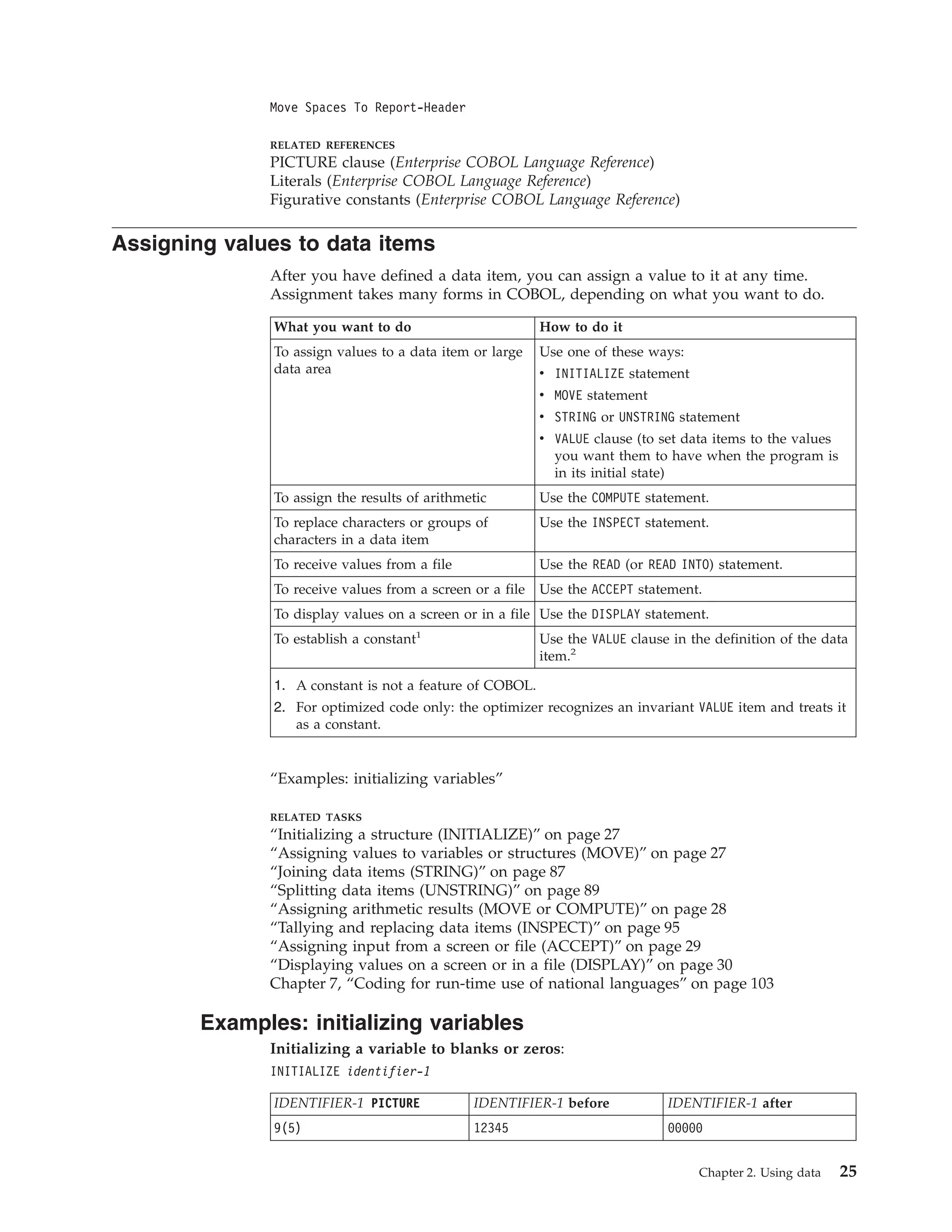 Move Spaces To Report-Header
RELATED REFERENCES
PICTURE clause (Enterprise COBOL Language Reference)
Literals (Enterprise COBOL Language Reference)
Figurative constants (Enterprise COBOL Language Reference)
Assigning values to data items
After you have defined a data item, you can assign a value to it at any time.
Assignment takes many forms in COBOL, depending on what you want to do.
What you want to do How to do it
To assign values to a data item or large
data area
Use one of these ways:
v INITIALIZE statement
v MOVE statement
v STRING or UNSTRING statement
v VALUE clause (to set data items to the values
you want them to have when the program is
in its initial state)
To assign the results of arithmetic Use the COMPUTE statement.
To replace characters or groups of
characters in a data item
Use the INSPECT statement.
To receive values from a file Use the READ (or READ INTO) statement.
To receive values from a screen or a file Use the ACCEPT statement.
To display values on a screen or in a file Use the DISPLAY statement.
To establish a constant1
Use the VALUE clause in the definition of the data
item.2
1. A constant is not a feature of COBOL.
2. For optimized code only: the optimizer recognizes an invariant VALUE item and treats it
as a constant.
“Examples: initializing variables”
RELATED TASKS
“Initializing a structure (INITIALIZE)” on page 27
“Assigning values to variables or structures (MOVE)” on page 27
“Joining data items (STRING)” on page 87
“Splitting data items (UNSTRING)” on page 89
“Assigning arithmetic results (MOVE or COMPUTE)” on page 28
“Tallying and replacing data items (INSPECT)” on page 95
“Assigning input from a screen or file (ACCEPT)” on page 29
“Displaying values on a screen or in a file (DISPLAY)” on page 30
Chapter 7, “Coding for run-time use of national languages” on page 103
Examples: initializing variables
Initializing a variable to blanks or zeros:
INITIALIZE identifier-1
IDENTIFIER-1 PICTURE IDENTIFIER-1 before IDENTIFIER-1 after
9(5) 12345 00000
Chapter 2. Using data 25
 