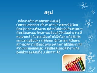 สรุป
 หลักการเรียนการสอนตามทฤษฎี
Constructionism เป็นการเรียนการสอนทีผู้เรียน
                                          ่
เรียนรู้จากการสร้างงาน ผูเรียนได้ดำาเนินกิจกรรมการ
                         ้
เรียนด้วยตนเองโดยการลงมือปฏิบัตหรือสร้างงานที่
                                    ิ
ตนเองสนใจ ในขณะเดียวกันก็เปิดโอกาสให้สัมผัส
และแลกเปลียนความรู้กับสมาชิกในกลุม ผูเรียนจะ
             ่                         ่    ้
สร้างองค์ความรู้ขึ้นด้วยตนเองจากการปฎิบัตงานที่มี
                                              ิ
ความหมายต่อตนเอง ครูผสอนจะต้องสร้างให้เกิด
                           ู้
องค์ประกอบครบทั้ง 3 ประการ คือ
 