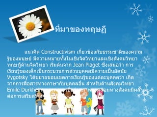 ทีมาของทฤษฏี
                       ่

           แนวคิด Constructivism เกี่ยวข้องกับธรรมชาติของความ
รู้ของมนุษย์ มีความหมายทั้งในเชิงจิตวิทยาและเชิงสังคมวิทยา
ทฤษฎีดานจิตวิทยา เริ่มต้นจาก Jean Piaget ซึ่งเสนอว่า การ
         ้
เรียนรู้ของเด็กเป็นกระบวนการส่วนบุคคลมีความเป็นอัตนัย
Vygotsky ได้ขยายขอบเขตการเรียนรู้ของแต่ละบุคคลว่า เกิด
จากการสื่อสารทางภาษากับบุคคลอื่น สำาหรับด้านสังคมวิทยา
Emile Durkheim และคณะ เชือว่าสภาพแวดล้อมทางสังคมมีผล
                               ่
ต่อการเสริมสร้างความรู้ใหม่
 