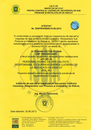 RSL (Maintenance Supervisor- Romanian Certificate)