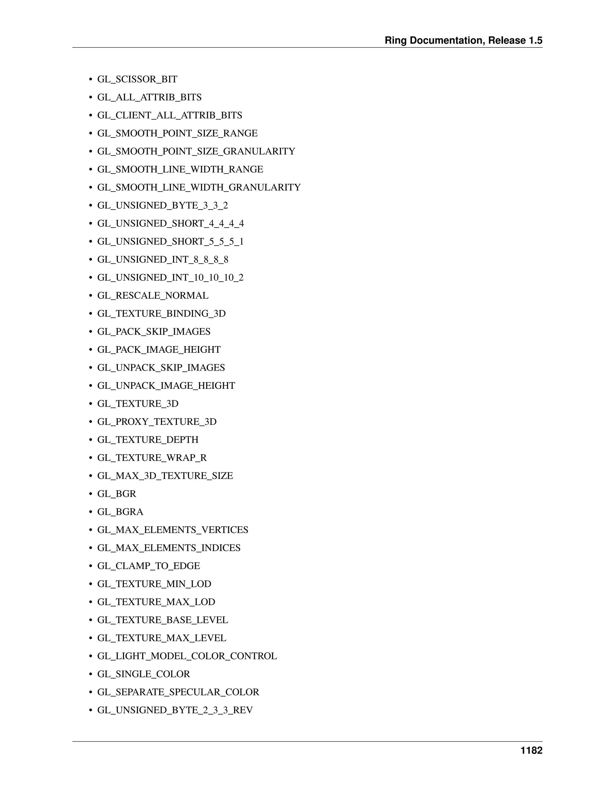 Ring Documentation, Release 1.5
• GL_SCISSOR_BIT
• GL_ALL_ATTRIB_BITS
• GL_CLIENT_ALL_ATTRIB_BITS
• GL_SMOOTH_POINT_SIZE_RANGE
• GL_SMOOTH_POINT_SIZE_GRANULARITY
• GL_SMOOTH_LINE_WIDTH_RANGE
• GL_SMOOTH_LINE_WIDTH_GRANULARITY
• GL_UNSIGNED_BYTE_3_3_2
• GL_UNSIGNED_SHORT_4_4_4_4
• GL_UNSIGNED_SHORT_5_5_5_1
• GL_UNSIGNED_INT_8_8_8_8
• GL_UNSIGNED_INT_10_10_10_2
• GL_RESCALE_NORMAL
• GL_TEXTURE_BINDING_3D
• GL_PACK_SKIP_IMAGES
• GL_PACK_IMAGE_HEIGHT
• GL_UNPACK_SKIP_IMAGES
• GL_UNPACK_IMAGE_HEIGHT
• GL_TEXTURE_3D
• GL_PROXY_TEXTURE_3D
• GL_TEXTURE_DEPTH
• GL_TEXTURE_WRAP_R
• GL_MAX_3D_TEXTURE_SIZE
• GL_BGR
• GL_BGRA
• GL_MAX_ELEMENTS_VERTICES
• GL_MAX_ELEMENTS_INDICES
• GL_CLAMP_TO_EDGE
• GL_TEXTURE_MIN_LOD
• GL_TEXTURE_MAX_LOD
• GL_TEXTURE_BASE_LEVEL
• GL_TEXTURE_MAX_LEVEL
• GL_LIGHT_MODEL_COLOR_CONTROL
• GL_SINGLE_COLOR
• GL_SEPARATE_SPECULAR_COLOR
• GL_UNSIGNED_BYTE_2_3_3_REV
1182
 