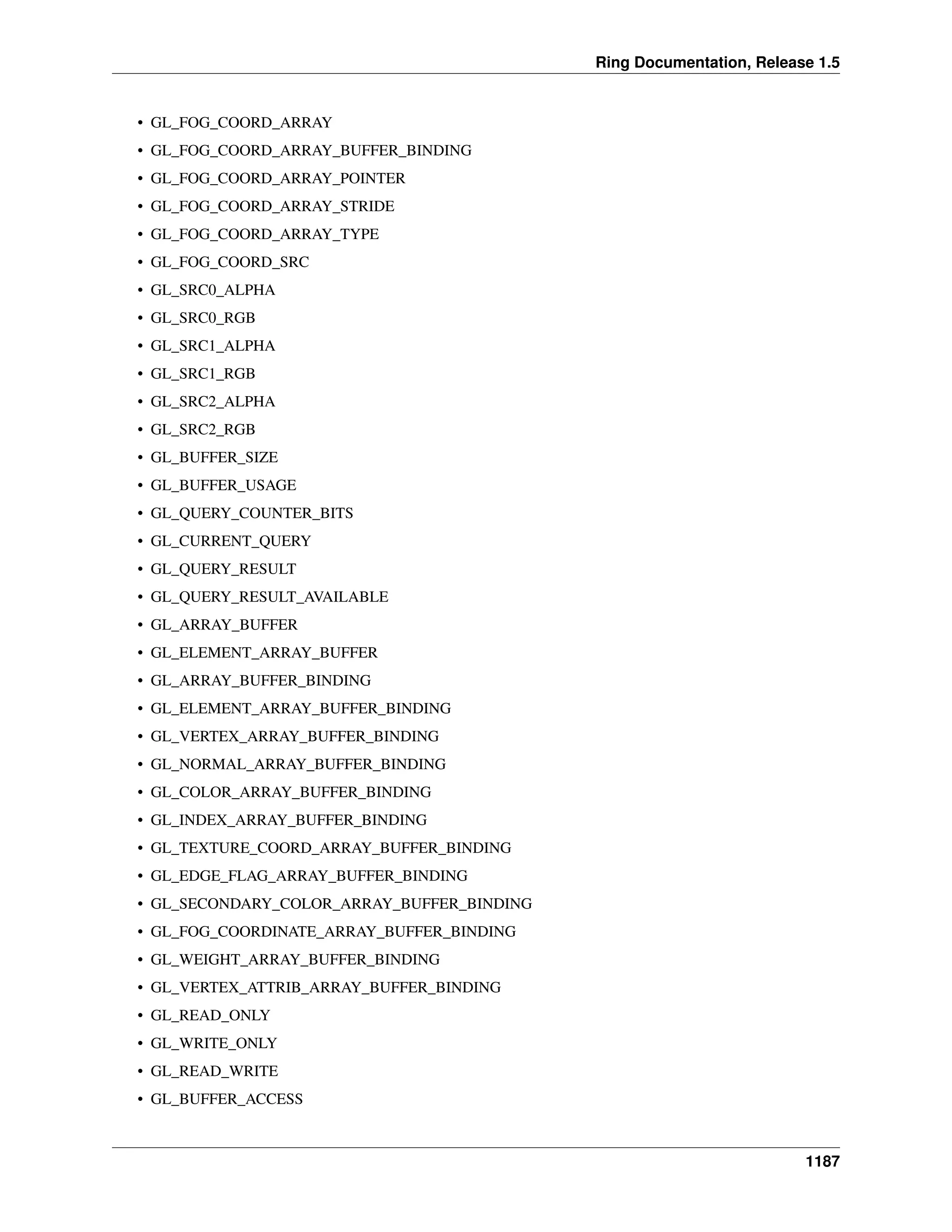 Ring Documentation, Release 1.5
• GL_FOG_COORD_ARRAY
• GL_FOG_COORD_ARRAY_BUFFER_BINDING
• GL_FOG_COORD_ARRAY_POINTER
• GL_FOG_COORD_ARRAY_STRIDE
• GL_FOG_COORD_ARRAY_TYPE
• GL_FOG_COORD_SRC
• GL_SRC0_ALPHA
• GL_SRC0_RGB
• GL_SRC1_ALPHA
• GL_SRC1_RGB
• GL_SRC2_ALPHA
• GL_SRC2_RGB
• GL_BUFFER_SIZE
• GL_BUFFER_USAGE
• GL_QUERY_COUNTER_BITS
• GL_CURRENT_QUERY
• GL_QUERY_RESULT
• GL_QUERY_RESULT_AVAILABLE
• GL_ARRAY_BUFFER
• GL_ELEMENT_ARRAY_BUFFER
• GL_ARRAY_BUFFER_BINDING
• GL_ELEMENT_ARRAY_BUFFER_BINDING
• GL_VERTEX_ARRAY_BUFFER_BINDING
• GL_NORMAL_ARRAY_BUFFER_BINDING
• GL_COLOR_ARRAY_BUFFER_BINDING
• GL_INDEX_ARRAY_BUFFER_BINDING
• GL_TEXTURE_COORD_ARRAY_BUFFER_BINDING
• GL_EDGE_FLAG_ARRAY_BUFFER_BINDING
• GL_SECONDARY_COLOR_ARRAY_BUFFER_BINDING
• GL_FOG_COORDINATE_ARRAY_BUFFER_BINDING
• GL_WEIGHT_ARRAY_BUFFER_BINDING
• GL_VERTEX_ATTRIB_ARRAY_BUFFER_BINDING
• GL_READ_ONLY
• GL_WRITE_ONLY
• GL_READ_WRITE
• GL_BUFFER_ACCESS
1187
 