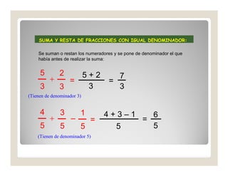 SUMA Y RESTA DE FRACCIONES CON IGUAL DENOMINADOR:

    Se suman o restan los numeradores y se pone de denominador el que
    había antes de realizar la suma:


     5        2   5+2                7
          +     =                  =
     3        3    3                 3
(Tienen de denominador 3)


     4         3        1        4+3–1   6
          +         –       =          =
     5         5        5          5     5
    (Tienen de denominador 5)
 