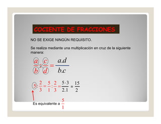 COCIENTE DE FRACCIONES
NO SE EXIGE NINGÚN REQUISITO.

Se realiza mediante una multiplicación en cruz de la siguiente
manera:

  a c a.d
   : =
  b d b.c
   2 5 2 5 ⋅ 3 15
 5: = : =     =
   3 1 3 2.1 2

                    5
 Es equivalente a
                    1
 